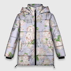 Женская зимняя куртка Цветы Белые Яркие Пионы