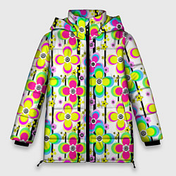 Куртка зимняя женская Цветочный ретро узор в неоновых тонах, цвет: 3D-черный