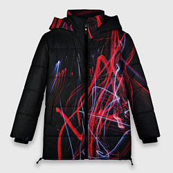 Куртка зимняя женская Неоновые лучи в абстракции - Красный и синий, цвет: 3D-черный