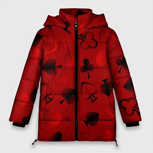 Женская зимняя куртка Карты карточные масти на красном фоне / 3D-Светло-серый – фото 1