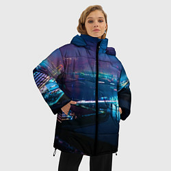 Куртка зимняя женская Неоновый город и мост - Синий, цвет: 3D-черный — фото 2