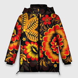 Куртка зимняя женская Хохломская Роспись Цветы На Тёмном Фоне, цвет: 3D-красный