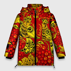 Куртка зимняя женская Хохломская Роспись Две Птици На Красном Фоне, цвет: 3D-черный