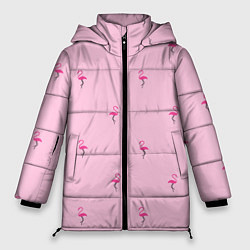 Куртка зимняя женская Фламинго на розовом фоне, цвет: 3D-черный