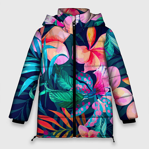 Женская зимняя куртка Яркие тропические цветы Лето / 3D-Черный – фото 1