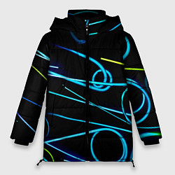 Куртка зимняя женская Неоновые линии во тьме - Голубой, цвет: 3D-светло-серый