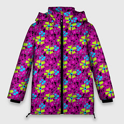 Женская зимняя куртка Цветочный узор на малиновом фоне