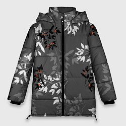Куртка зимняя женская Черные и серые ветки с красными ягодами на темно-с, цвет: 3D-черный