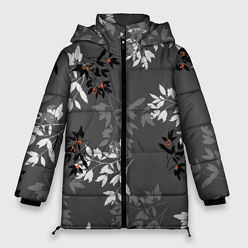 Женская зимняя куртка Черные и серые ветки с красными ягодами на темно-с / 3D-Черный – фото 1
