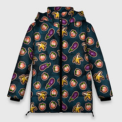 Женская зимняя куртка Баклажаны персики бананы паттерн