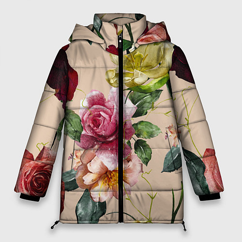 Женская зимняя куртка Цветы Нарисованные Красные Розы и Лилии / 3D-Красный – фото 1