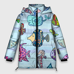 Куртка зимняя женская Кит, черепаха, акула и другие обитатели океана, цвет: 3D-черный
