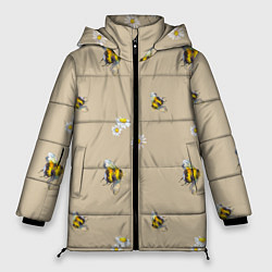 Куртка зимняя женская Цветы Ромашки и Пчёлы, цвет: 3D-черный