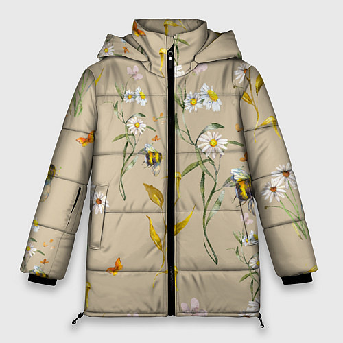 Женская зимняя куртка Нарисованные Цветы Ромашки и Пчёлы / 3D-Черный – фото 1
