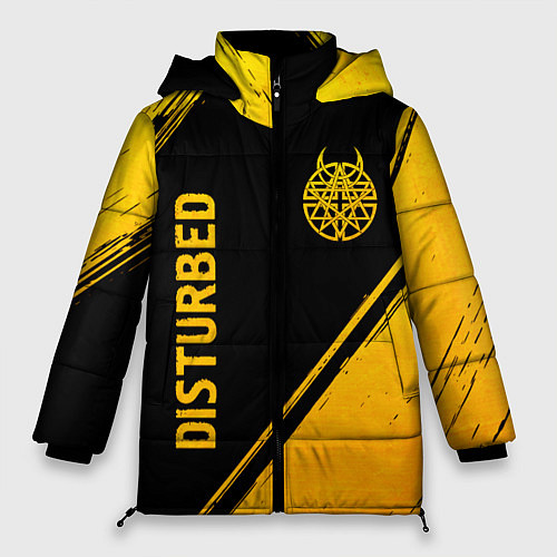 Женская зимняя куртка Disturbed - gold gradient: символ и надпись вертик / 3D-Черный – фото 1