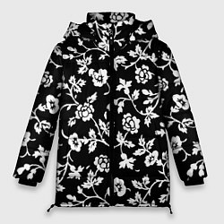 Женская зимняя куртка Белые цветы на чёрном фоне Белые цветы на чёрном ф