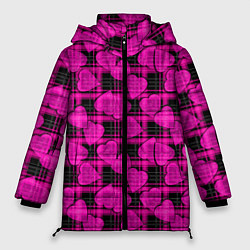 Куртка зимняя женская Black and pink hearts pattern on checkered, цвет: 3D-красный