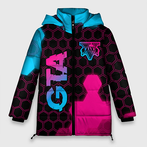 Женская зимняя куртка GTA - neon gradient: надпись, символ / 3D-Черный – фото 1