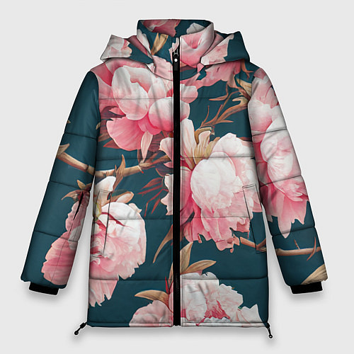 Женская зимняя куртка Элегантные бутоны пионов / 3D-Черный – фото 1
