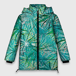 Куртка зимняя женская Тропические листья на зеленом фоне, цвет: 3D-черный