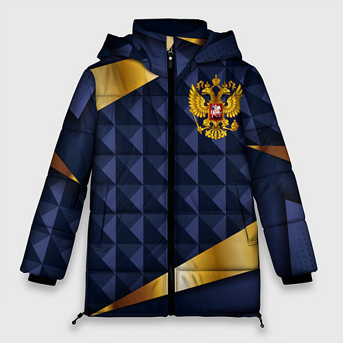 Женская зимняя куртка Золотой герб России на объемном синим фоне / 3D-Черный – фото 1