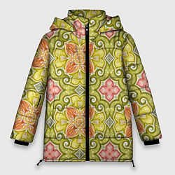 Женская зимняя куртка Зеленые узоры и оранжевые цветы