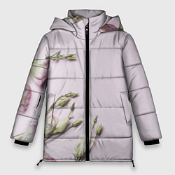 Женская зимняя куртка Красивые Цветы на Розовом фоне