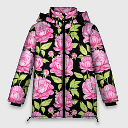 Женская зимняя куртка Розовые пионы на черном