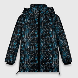 Женская зимняя куртка Знаки зодиака и звезды на сине- черном фоне