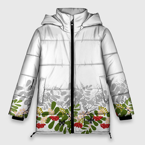 Женская зимняя куртка Веточки красной рябины с бабочками / 3D-Черный – фото 1