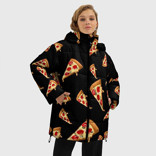 Женская зимняя куртка Куски пиццы на черном фоне / 3D-Светло-серый – фото 3