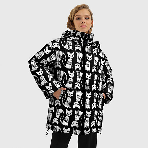 Женская зимняя куртка Скелет кошки - Halloween pattern / 3D-Светло-серый – фото 3