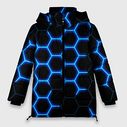 Куртка зимняя женская Соты на синем неоновом фоне, цвет: 3D-красный