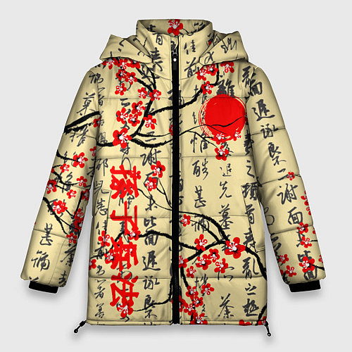 Женская зимняя куртка Иероглифы и сакура / 3D-Черный – фото 1