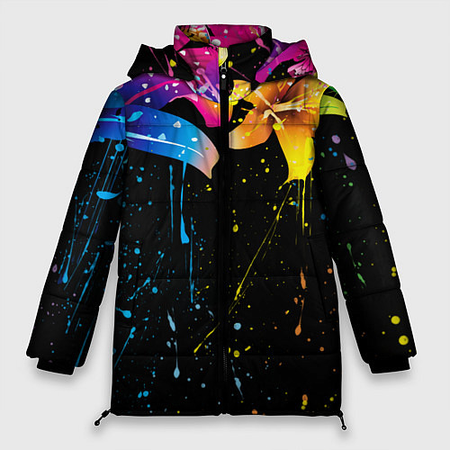 Женская зимняя куртка Цветные лилии / 3D-Черный – фото 1
