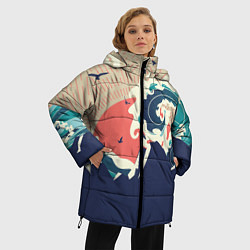 Куртка зимняя женская Большая океанская волна и силуэт пустынного остров, цвет: 3D-светло-серый — фото 2