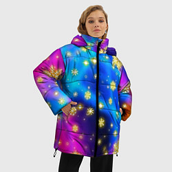 Куртка зимняя женская Снежинки и звезды - яркие цвета, цвет: 3D-черный — фото 2