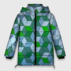 Куртка зимняя женская Зелёные и серые абстрактные кубы с оптической иллю, цвет: 3D-светло-серый