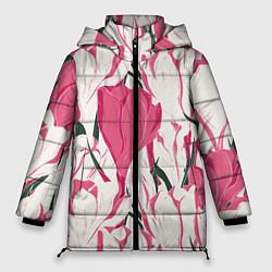Куртка зимняя женская Цветы красные и белые, цвет: 3D-красный