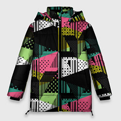 Женская зимняя куртка Черный горошек и полосы на ярком геометрическом фо