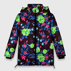 Куртка зимняя женская Неоновые цветы - паттерн, цвет: 3D-черный