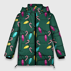 Куртка зимняя женская Новогодняя гирлянда зеленая, цвет: 3D-черный