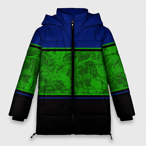 Женская зимняя куртка Синие, неоновые зеленые мраморные и черные полосы / 3D-Светло-серый – фото 1