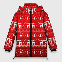 Куртка зимняя женская Новогодний орнамент с оленями, цвет: 3D-красный