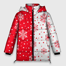 Куртка зимняя женская Рождественские снежинки на красно-белом фоне, цвет: 3D-красный