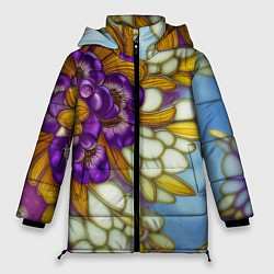Куртка зимняя женская Фиалковый букет стеклянный узор, цвет: 3D-светло-серый