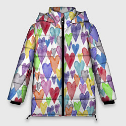 Куртка зимняя женская Разноцветные сердечки Калейдоскоп, цвет: 3D-черный