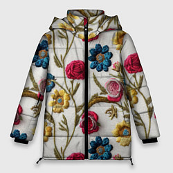 Куртка зимняя женская Эффект вышивка летний узор, цвет: 3D-черный