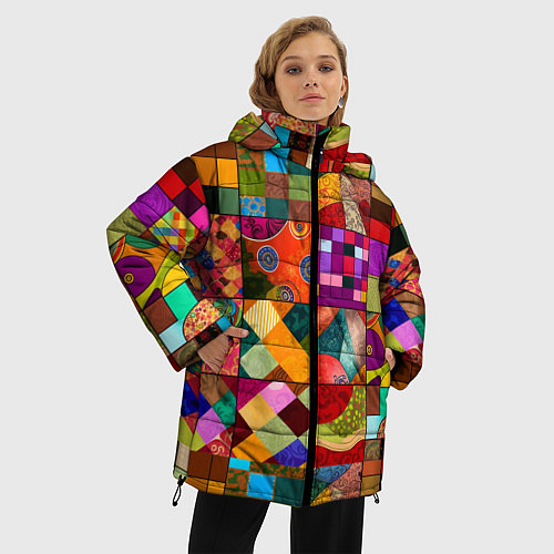 Женская зимняя куртка Лоскутное шитье, пэчворк из нейросети / 3D-Светло-серый – фото 3