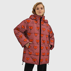 Куртка зимняя женская Разбитые сердца на бордовом фоне, цвет: 3D-черный — фото 2